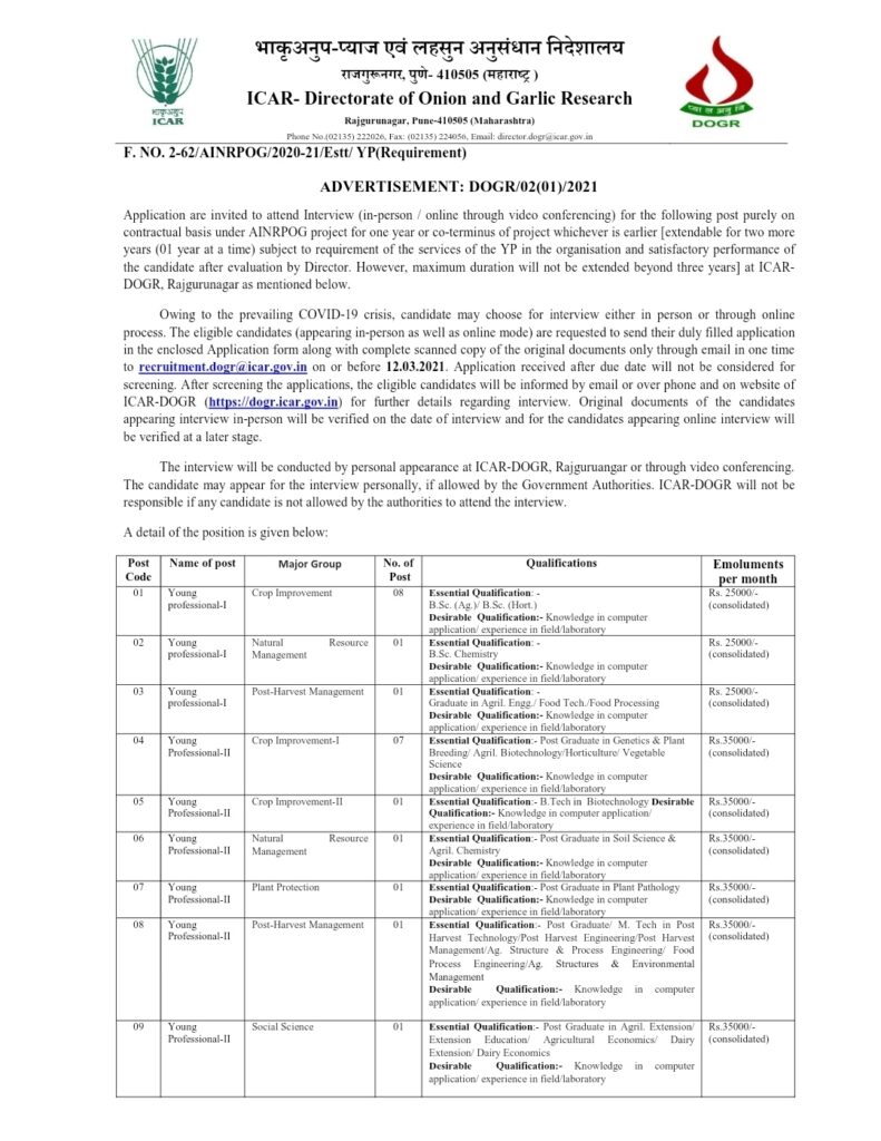 Directorate of Onion and Garlic Research (DOGR) Pune Post 4 Official Notification