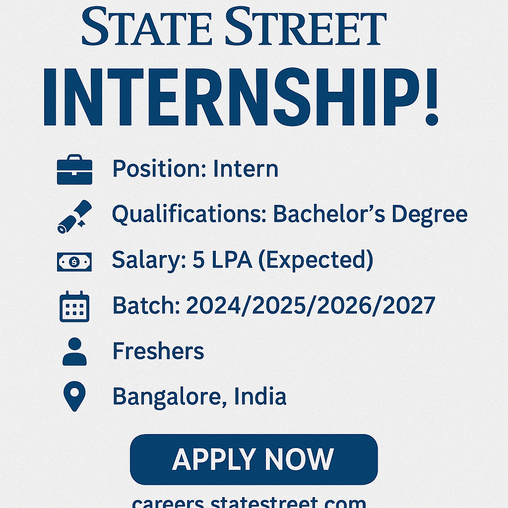 State Street Internship 2025 : बैंगलोर में फ्रेशर्स के लिए शानदार मौका | 5 LPA तक स्टाइपेंड State Street Internship 2025 : बैंगलोर में फ्रेशर्स के लिए शानदार मौका | 5 LPA तक स्टाइपेंड