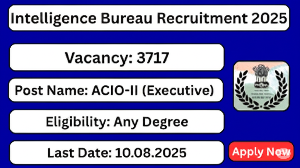 IB Recruitment 2025:– केंद्रीय गुप्तचर विभाग में 3717 कार्यकारी पदों पर बंपर भर्ती | अभी आवेदन करें IB Recruitment 2025:– केंद्रीय गुप्तचर विभाग में 3717 कार्यकारी पदों पर बंपर भर्ती | अभी आवेदन करें