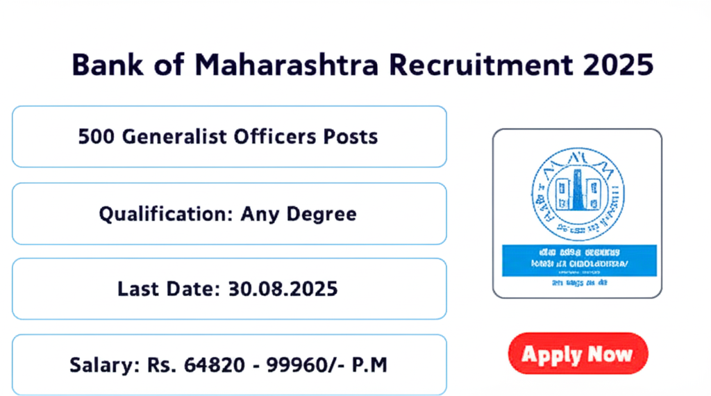 Bank of Maharashtra Bharti 2025: बैंक ऑफ महाराष्ट्र में 500 जनरलिस्ट ऑफिसर पदों पर भर्ती – अभी करें आवेदन Bank of Maharashtra Bharti 2025: बैंक ऑफ महाराष्ट्र में 500 जनरलिस्ट ऑफिसर पदों पर भर्ती – अभी करें आवेदन