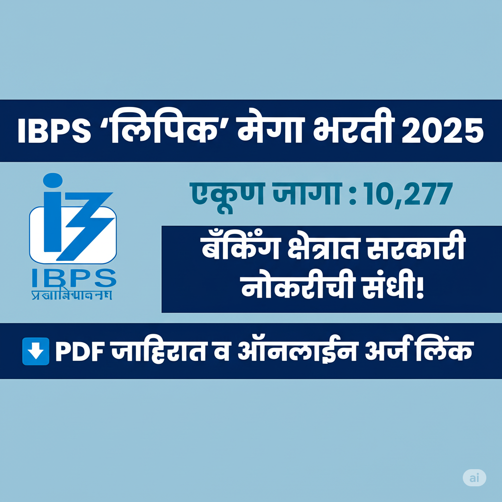 IBPS Clerk Bharti 2025: IBPS मार्फत ‘लिपिक’ पदाच्या 10277 जागांसाठी मेगाभरती IBPS Clerk Bharti 2025: IBPS मार्फत ‘लिपिक’ पदाच्या 10277 जागांसाठी मेगाभरती